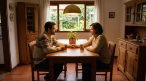 Dois adultos em conversa acolhedora à mesa da cozinha, um segurando a mão do outro