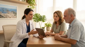 Médico explicando informações para familiar em consultório médico acolhedor