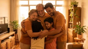Família brasileira se abraçando com amor e união em ambiente iluminado