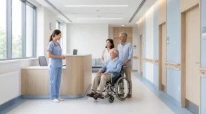 Recepção de clínica de recuperação moderna com equipe acolhendo paciente e família