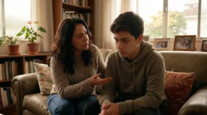 Pai ou mãe conversando com filho adolescente de forma gentil e preocupada