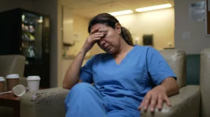 Profissional de saúde brasileiro em pausa no hospital com expressão de esgotamento