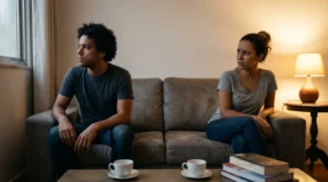 Casal brasileiro no sofá com distância emocional visível entre eles
