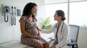 Mulher grávida em consulta com médica compassiva em consultório