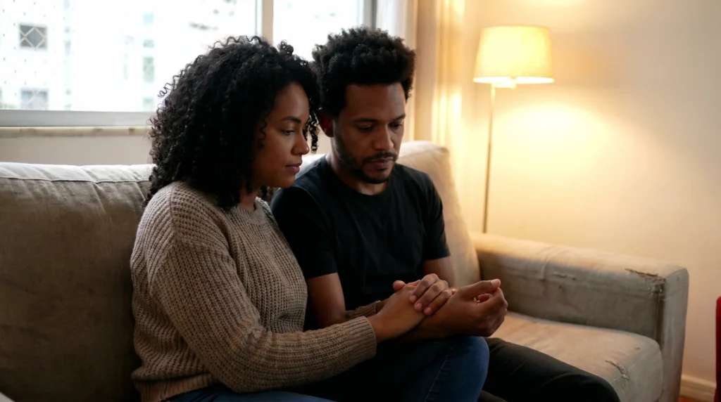 Dependência Química e Relacionamentos Amorosos: Como Não Deixar a Doença Destruir o Amor 1 Casal brasileiro no sofá com um parceiro oferecendo a mão ao outro com cuidado