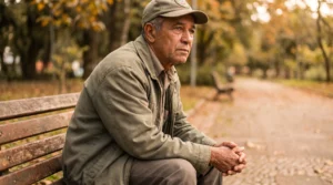 Veterano brasileiro em roupa civil sentado em banco de parque com expressão reflexiva