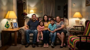 Família imigrante brasileira unida no sofá de casa com expressão de esperança e resiliência