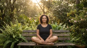 Mulher brasileira meditando em jardim exuberante com luz dourada da manhã