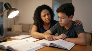 Mãe brasileira apoiando filho adolescente nos estudos com cuidado e atenção