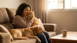 Mulher brasileira em recuperação abraçando gato e cachorro no sofá com expressão de paz