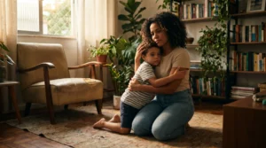Pai brasileiro ajoelhado abraçando filho pequeno com amor e proteção em ambiente doméstico