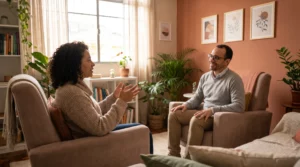 Pessoa brasileira em sessão de terapia em poltrona confortável conversando com psicóloga empática