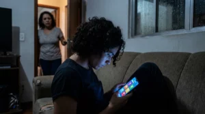 Jovem brasileiro isolado à noite com rosto iluminado pelo celular enquanto pai observa preocupado ao fundo