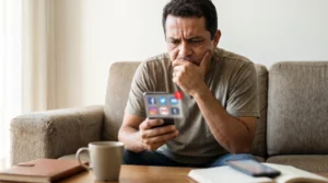 Pessoa brasileira em recuperação olhando smartphone com expressão preocupada com notificações visíveis