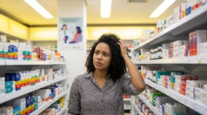 Mulher brasileira confusa e sobrecarregada no corredor de farmácia olhando para prateleiras de medicamentos