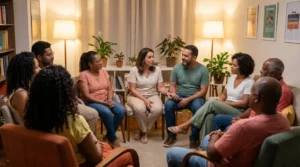 Grupo diverso de brasileiros em círculo de cadeiras em sala comunitária compartilhando histórias com empatia