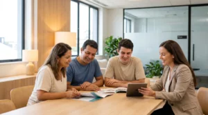 Família brasileira em reunião com coordenadora de clínica em escritório moderno revisando informações juntos