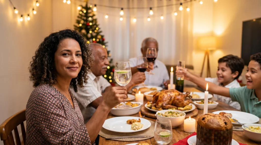 Como Sobreviver às Festas de Fim de Ano sem Recair 1 Mulher brasileira em ceia de Natal segurando taça de água com gás, sorrindo em paz enquanto família celebra ao redor