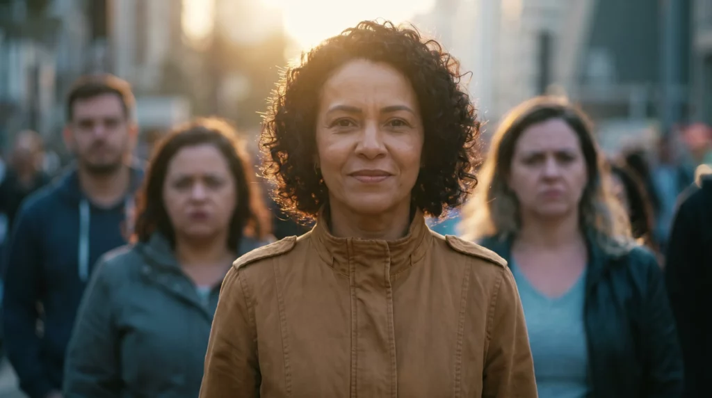Vergonha e Estigma: Como Lidar com o Julgamento da Sociedade 1 Mulher brasileira de meia-idade de pé com postura confiante em rua movimentada, rostos desfocados ao fundo representando julgamento social
